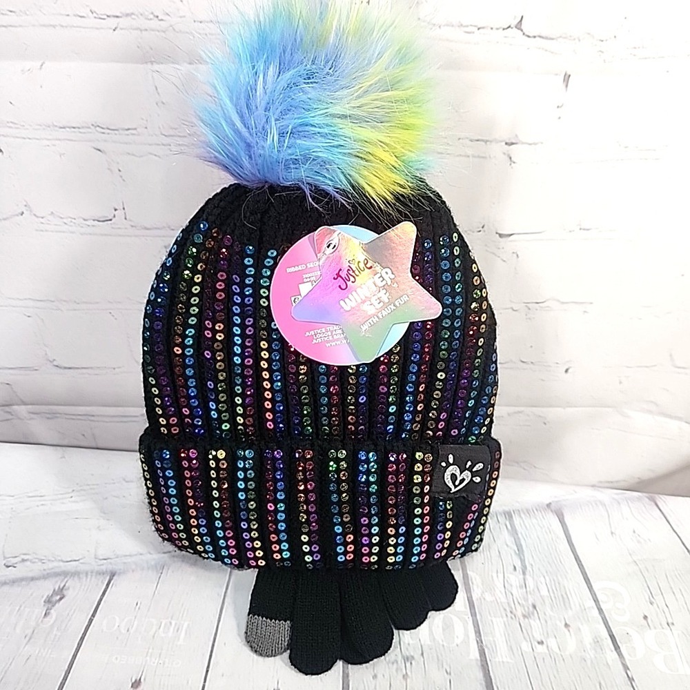 Justice Girls Rainbow Sequin Ribbed Beanie w/ faux fur & Gloves 2-Piece Set BLK